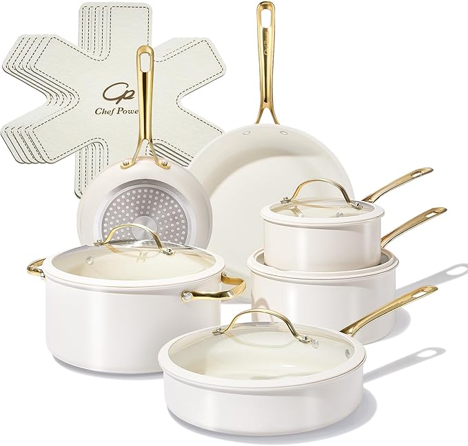 Chef Power Ceramic Cookware Sets, 15Pcs Pots and Pans Set Non Stick, Cookware Set with Stainless Steel Handle, Dishwasher & Oven Safe, Cream White and Light Gold Handle by ChefPower