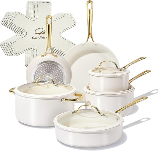 Chef Power Ceramic Cookware Sets, 15Pcs Pots and Pans Set Non Stick, Cookware Set with Stainless Steel Handle, Dishwasher & Oven Safe, Cream White and Light Gold Handle by ChefPower