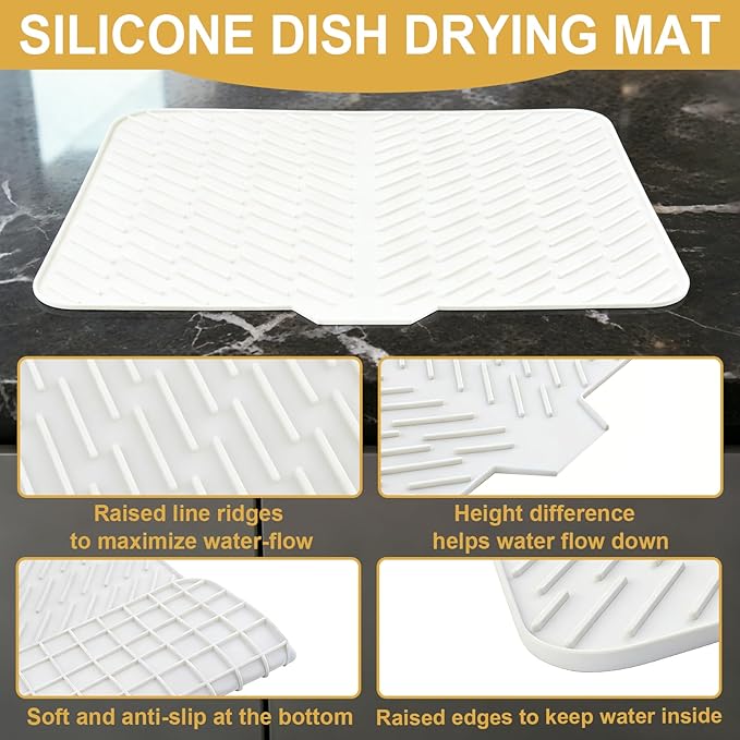 Silicone Dish Drying Mat 23x17,Food-Grade Silicone,Easy Clean Pad for Countertop Protection,Heat Resistant,Easy Clean,Non-Slip Drain Pad with Built-in Drain,Multi-Functional Use,White - Image 3