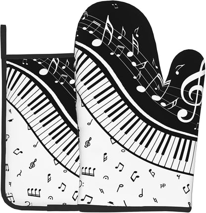 Oven Mitt and Pot Holders Sets - Music Kitchen Mitts Black White Piano Oven Gloves Hot Pads Set of 2 for Cooking BBQ Baking Grilling by DZGlobal