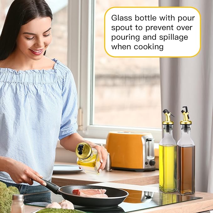 Hushee 12 Pcs Clear Glass Olive Oil Dispenser Bottles Sets Include 8oz Glass Bottle with Spout Oil Vinegar Cruet Container for Kitchen Stainless Steel Funnel Black Labels with White Pen(Gold) - Image 7