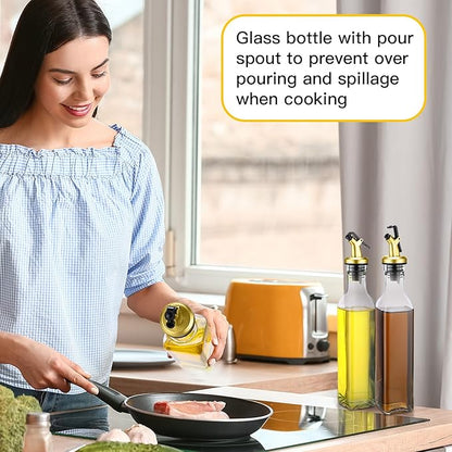 Hushee 12 Pcs Clear Glass Olive Oil Dispenser Bottles Sets Include 8oz Glass Bottle with Spout Oil Vinegar Cruet Container for Kitchen Stainless Steel Funnel Black Labels with White Pen(Gold) - Image 7