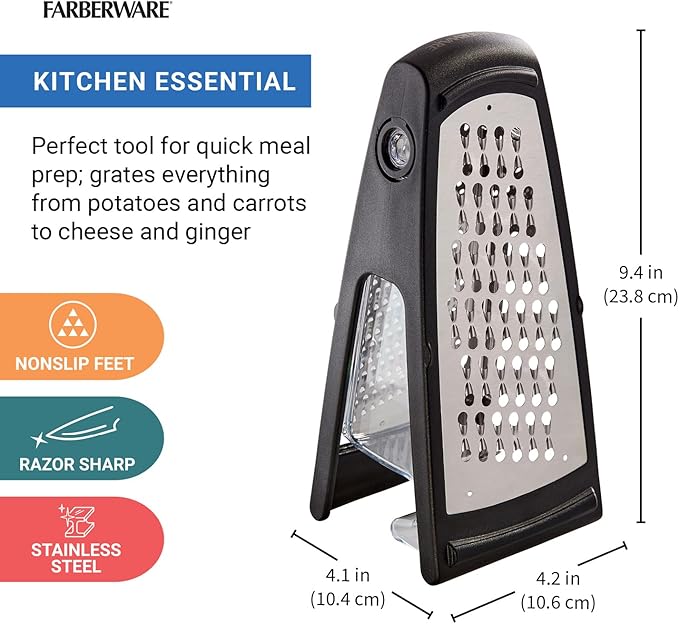 Farberware Professional Stainless Steel Grater with Container, Coarse and Fine Blades, Nonslip Base, Easy-Grip Handle, Dishwasher Safe - Image 2