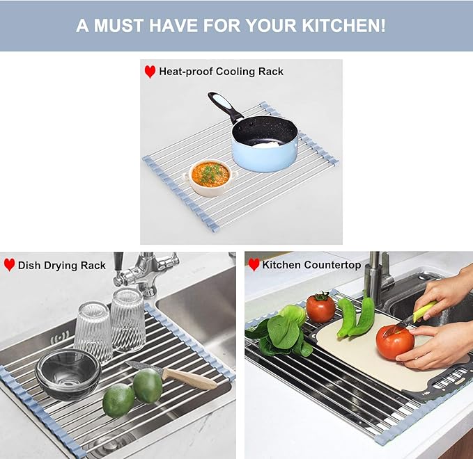 MECHEER Over The Sink Dish Drying Rack, Roll Up Dish Drying Rack Kitchen Dish Rack Stainless Steel Sink Drying Rack, Foldable Dish Drainer, 17.5''x11.8'' - Image 4