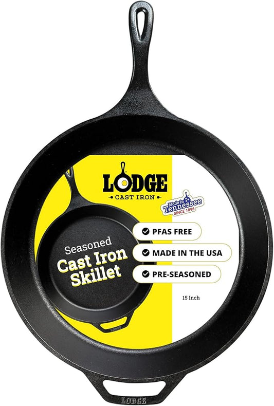Lodge Seasoned Cast Iron Skillet 15 Inches - Frying Pan for the Stove, Grill or Campfire - Cooks Evenly - Features Easy-Grip Teardrop Handle - Non-Toxic, Nonstick & Long-Lasting