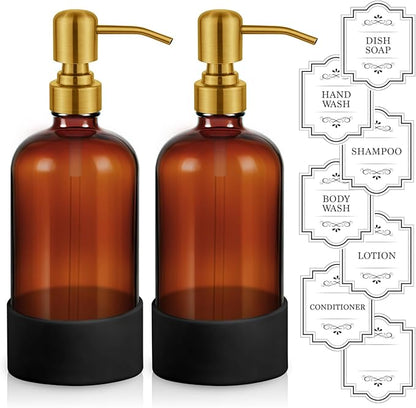 16 oz Hand and Dish Soap Dispenser Set for Kitchen and Bathroom, 500ml Amber Glass Soap Dispenser with Stainless Steel Golden Pump, Non-Slip Silicone Sleeves, Labels - 2 Pack