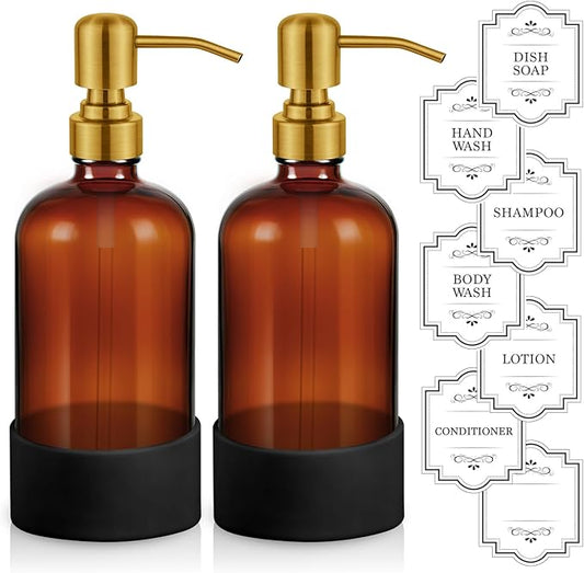 16 oz Hand and Dish Soap Dispenser Set for Kitchen and Bathroom, 500ml Amber Glass Soap Dispenser with Stainless Steel Golden Pump, Non-Slip Silicone Sleeves, Labels - 2 Pack