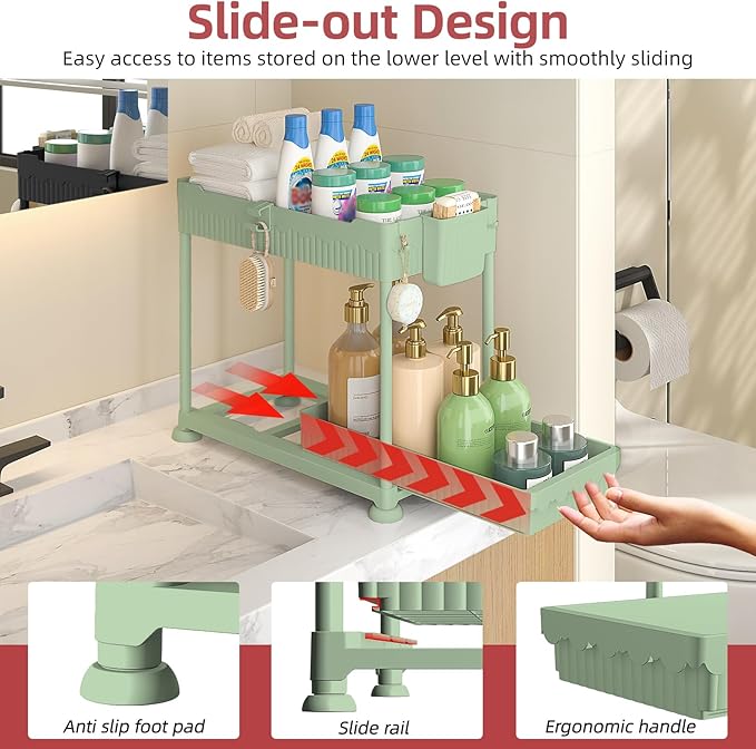 Sevenblue Under Sink Organizer, Bathroom Organizers and Storage, 2 Tier Multi-Use Pull Out Cabinet Organizer with Hang Hooks and Cups (Green, 4 Pack) - Image 2