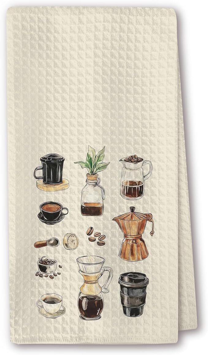Cute Kitchen Towels - Coffee Bar Illustration with Pour Over, Moka Pot & Cups, Absorbent Dish Towels for Kitchen, Barista-Style Tea Towel, Giftable Housewarming Gifts New Home - 16"x24"(237) by RZQIJ