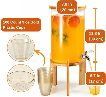 Glass Beverage Dispenser with Bamboo Stand and Lid, Iced 2.1 Gallon Drink Server with Spigot, Large Thick Glass Drink Dispenser for Parties, Hotels, Restaurants, with 9 oz 100 clear Gold Plastic Cups