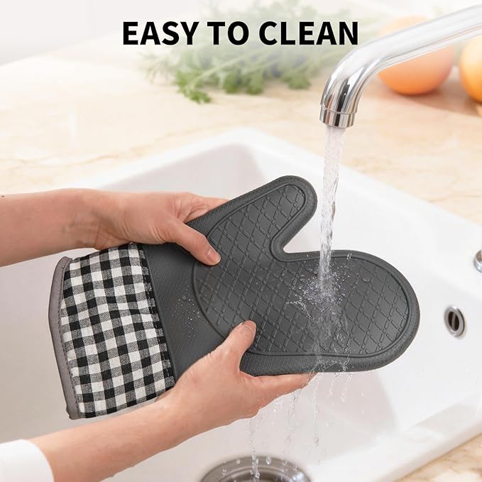 Tifanso Plaid Oven Mitts and Pot Holders 4-Piece Set, Oven Mitts Gloves Heat Resistant with Non-Slip Silicone Surface for Cooking Baking Grilling, Cotton Pot Holders Pads for Kitchen Cooking (Grey) - Image 5
