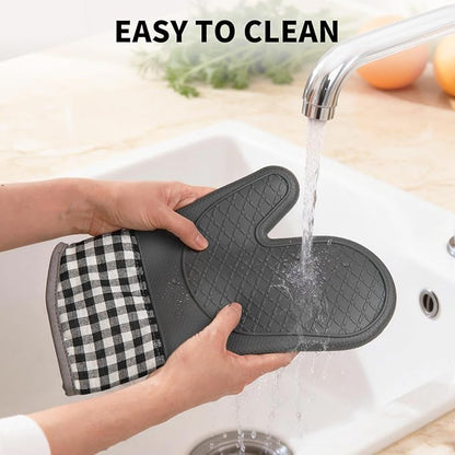 Tifanso Plaid Oven Mitts and Pot Holders 4-Piece Set, Oven Mitts Gloves Heat Resistant with Non-Slip Silicone Surface for Cooking Baking Grilling, Cotton Pot Holders Pads for Kitchen Cooking (Grey) - Image 5