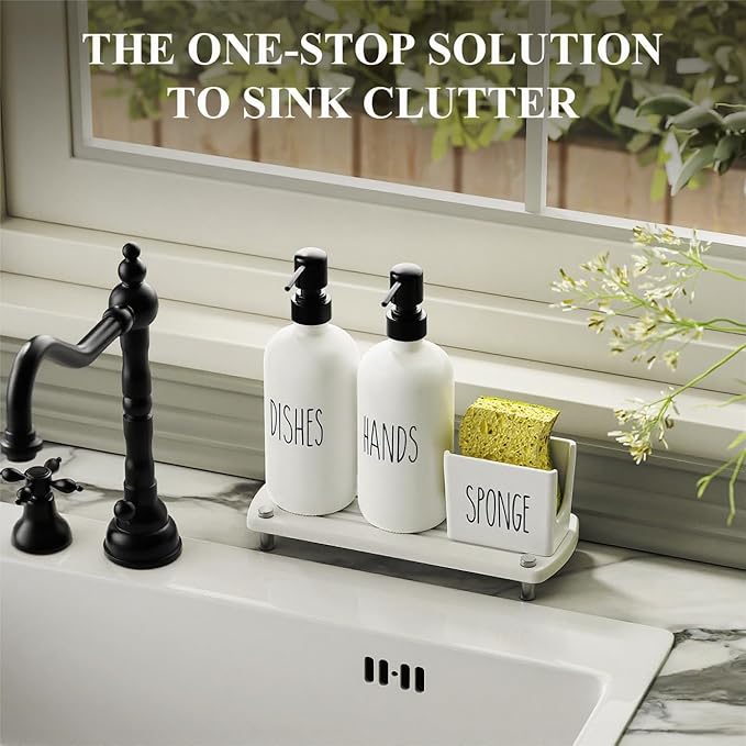 Cisily Kitchen Soap Dispenser Set Comes with Ceramics Sponge Holder, Gold Pumps, and Instant Dry Tray, Hand and Dish Soap Dispenser Set (4, Black + White + Sponge Holder) - Image 4