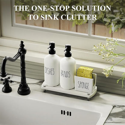 Cisily Kitchen Soap Dispenser Set Comes with Ceramics Sponge Holder, Gold Pumps, and Instant Dry Tray, Hand and Dish Soap Dispenser Set (4, Black + White + Sponge Holder) - Image 4