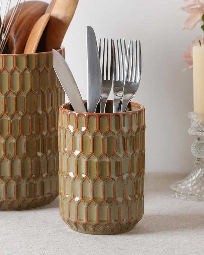 Utensil Holder, 7.5"+5.3" Ceramic Kitchen Utensil Holder for Countertop, Large Cooking Utensil Crock for Kitchen Counter, Set of 2, Green - Image 8