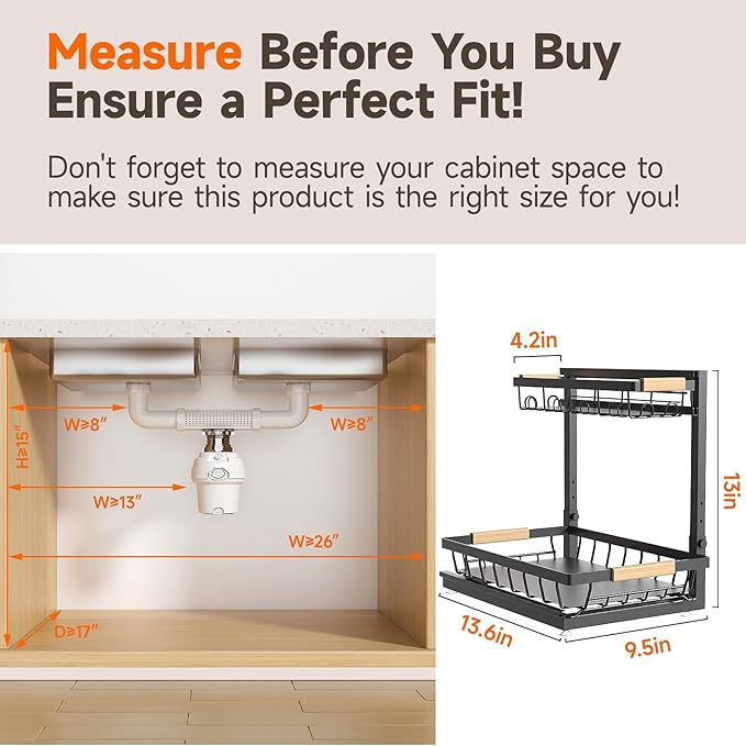 Sevenblue 2 Packs Under Sink Organizer, Height Adjustable 2 Tier Under Kitchen Sink Organizer, Multi-Purpose Storage Shelf for Kitchen Bathroom Cabinet (Black, Large) - Image 6