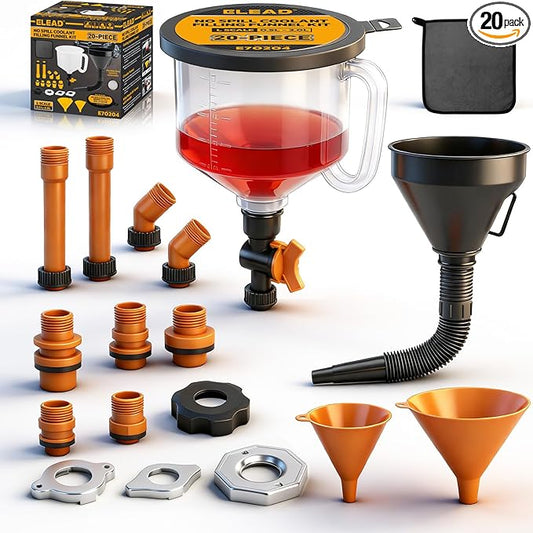 20-Piece No-Spill Coolant Funnel Kit, Cooling System Funnels Kits, Spill Proof Funnel Bleeder, Radiator Funnels Kit with Adapters, Extensions, Flexible Hose, Circular-Funnel, Towel for Automotive Use by ELEAD