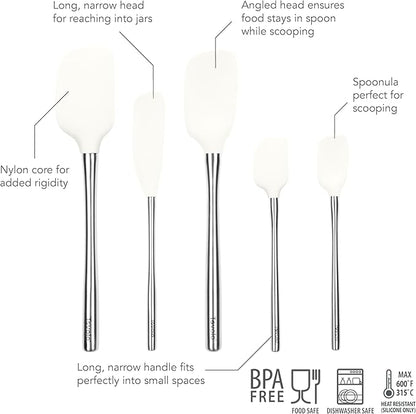 Tovolo Stainless Steel Handled Silicone Spatula Set of 5 White, Dishwasher Safe Kitchen Spatula Set for Cooking Baking, Non Toxic BPA Free Silicone Spatula set with Metal Steel Handle