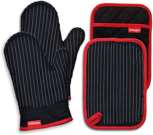 Oven Mitts and Pot Holders Set, Cooking Mitts, Heat Resistant Cooking Mitts and Pot Holders, Silicon Oven Gloves Set for Kitchen, Pure Cotton and Terrycloth Lining, Black, 4 Pcs Set by Coziselect