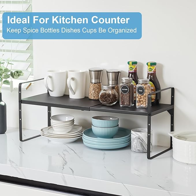 Set of 2 Expandable Cabinet Shelf Organizer, Stackable Kitchen Countertop Shelves Spice Racks, Small Metal Storage Shelf For Cupboard Counter Tabletop, 30 LBS Heavy Duty, Adjustable, 13.8" to 21.6" - Image 8