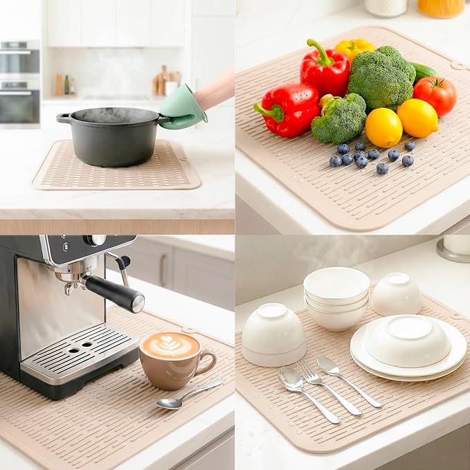 MicoYang Silicone Dish Drying Mat for Multiple Usage,Easy clean,Eco-friendly,Heat-resistant Silicone Mat for Kitchen Counter or Sink,Refrigerator or Drawer Liner Tapioca XL 18 inches x 16 inches - Image 4