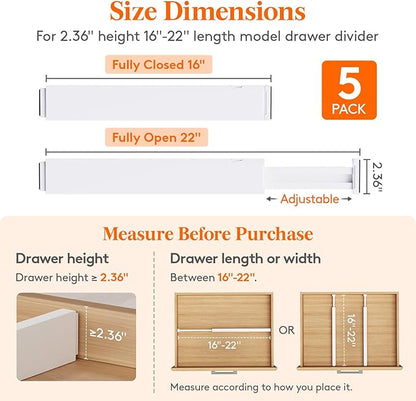 Lifewit 5 Pack 2.36" High Drawer Dividers 40-56cm/16-22 Adjustable Drawer Organizer for Clothes/Utensils, Expandable Drawer Separator in Dresser/Kitchen/Bedroom/Office Organization & Storage White - Image 2