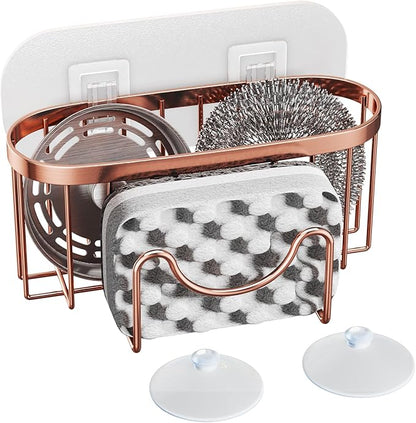 HapiRm Multifunctional Sink Sponge Holder with Unique M-Shaped, 2 Installation Ways Kitchen Sink Caddy, Stainless Steel Kitchen Organizer for Sponge, Brush and Scraper - Rose Gold by HapiRm