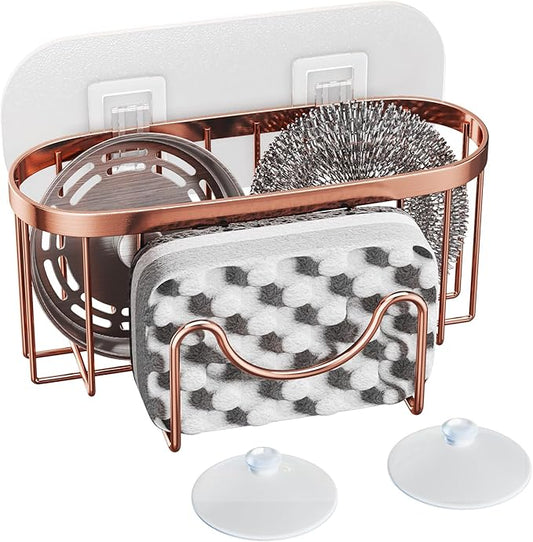 HapiRm Multifunctional Sink Sponge Holder with Unique M-Shaped, 2 Installation Ways Kitchen Sink Caddy, Stainless Steel Kitchen Organizer for Sponge, Brush and Scraper - Rose Gold by HapiRm