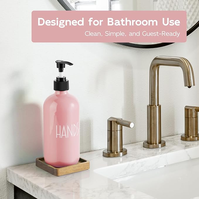 Pink Glass Hand Soap Dispenser with Acacia Wood Tray, 16 oz Refillable Hand Soap Pump Bottle, Decorative Countertop Soap Dispenser Set for Kitchen, Bathroom, Restaurant - Image 2