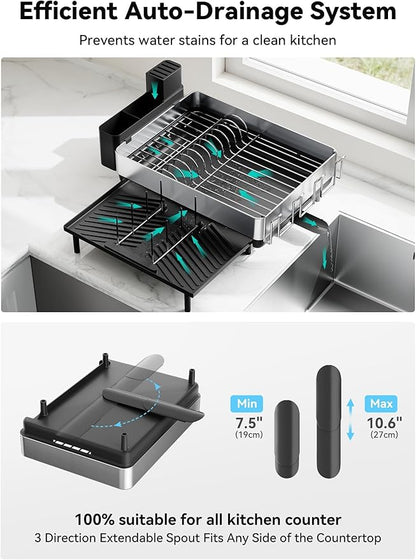 SUNLY Large Dish Drying Rack, Expandable Dish Racks for Kitchen Counter, Space Saving 304 Stainless Steel Drying Rack Kitchen, Extra Large Drainer with Multifunctional Flip Up Pegs, Black - Image 6
