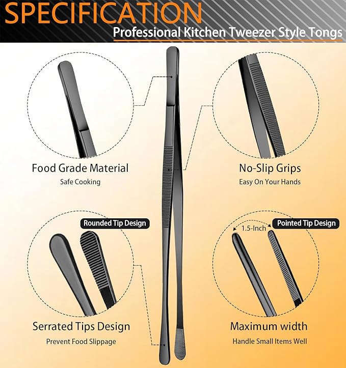 JETKONG 6 Pcs Cooking Tweezer Tongs, 12'' and 6.3" Stainless Steel Kitchen Tweezer Set, Professional Chef Tweezers for Cooking, Repairing, Sea Food, BBQ, Multi-use (Black) - Image 2