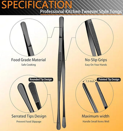 JETKONG 6 Pcs Cooking Tweezer Tongs, 12'' and 6.3" Stainless Steel Kitchen Tweezer Set, Professional Chef Tweezers for Cooking, Repairing, Sea Food, BBQ, Multi-use (Black) - Image 2