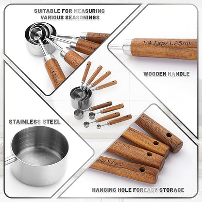 Measuring Cups and Spoons Set,Premium Stainless Steel Measuring Cups and Spoons Set with Wood Handle, 8-Pieces Kitchen Essentials for Baking, Coffee with Ergonomic Grip & Engraved Markings(Silver8)
