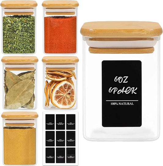 ComSaf 6Pcs 6 oz Spice Jars with Label Trial Set, Glass Spice Jars with Bamboo Lids Supplementary Set, Seasoning Container Trial Pack, Perfect for Ktichen Starter by ComSaf
