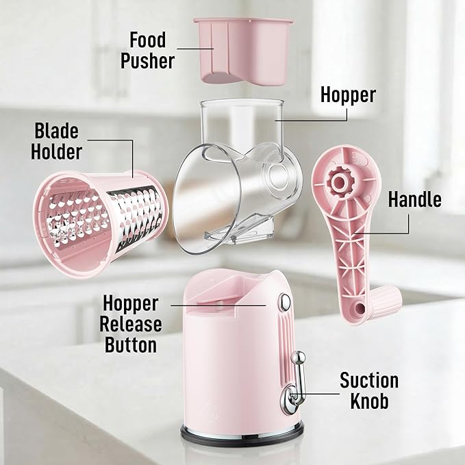 Zulay Kitchen Rotary Cheese Grater 5 Blade Cheese Shredder - Manual Hand Crank Cheese Grater With Reinforced Suction & 5 Interchangeable Drums - Easy to Use, Vegetable Chopper Round Mandoline Slicer - Image 9