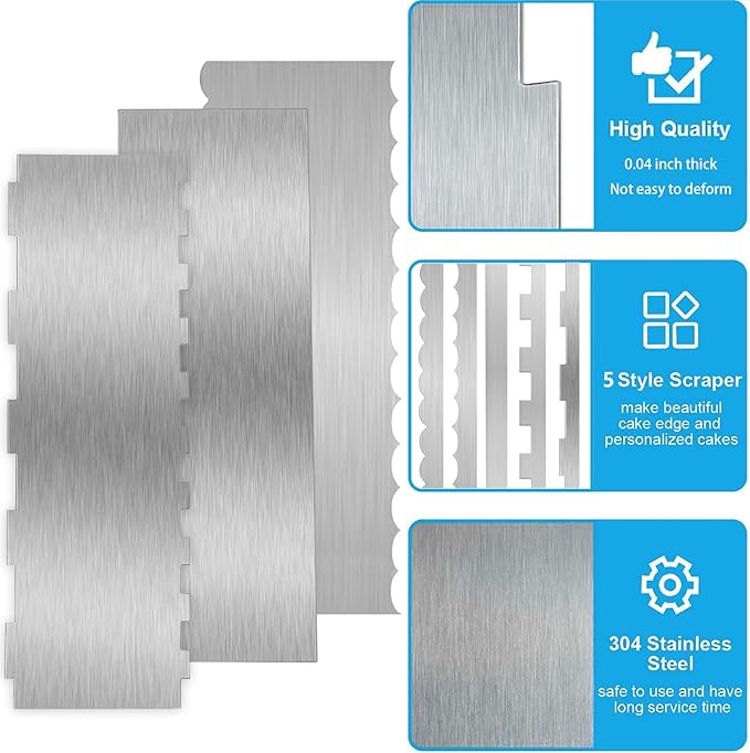 3 Pieces 8.7 Inche Stainless Steel Cake Scraper，Double Sided Patterned Edge Stripe Edge Smoother Scraper Cake Decorating，Cake Decorating Comb Cake Scraper (3, 3) - Image 6