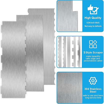 3 Pieces 8.7 Inche Stainless Steel Cake Scraper，Double Sided Patterned Edge Stripe Edge Smoother Scraper Cake Decorating，Cake Decorating Comb Cake Scraper (3, 3) - Image 6