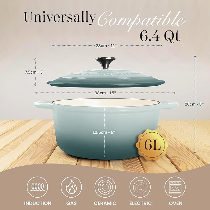 Nuovva Enamelled Cast Iron Dutch Oven Pot with Lid 6.4 Quart Non Stick Casserole Pot – Heavy Duty & Oven Safe up to 500° F for Bread Baking, Braising, Stews, Roasting – 28cm Sea Salt - Image 2