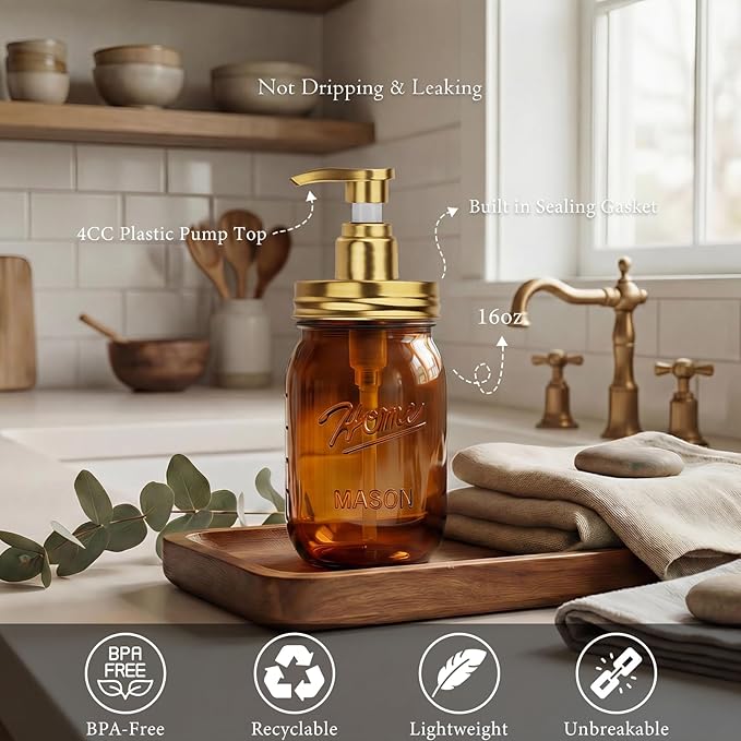 Amolliar Plastic Mason Jar Soap Dispenser with Pump Lid,16OZ Refillable Hand Soap Dispenser Set with Cute Lables - Farmhouse Decor for Kitchen Bathroom, Liquid Soap, Dish Soap, Lotion (2 Pack, Amber) - Image 2