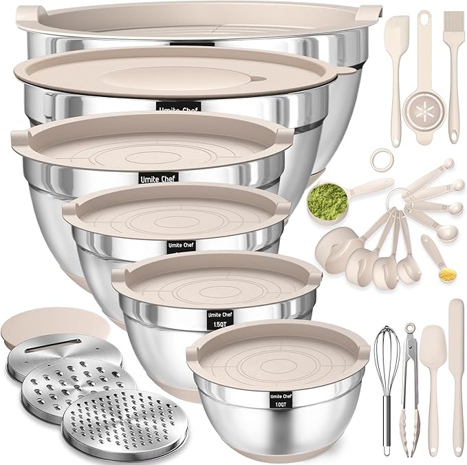 Mixing Bowls with Airtight Lids Set, 26PCS Stainless Steel Khaki Bowls with Grater Attachments, Non-Slip Bottoms & Kitchen Gadgets Set, Size 7, 4, 2.5, 2.0,1.5, 1QT, Great for Mixing & Serving by UmiteChef