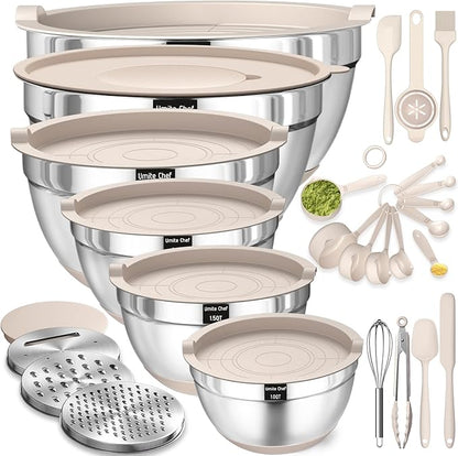 Mixing Bowls with Airtight Lids Set, 26PCS Stainless Steel Khaki Bowls with Grater Attachments, Non-Slip Bottoms & Kitchen Gadgets Set, Size 7, 4, 2.5, 2.0,1.5, 1QT, Great for Mixing & Serving by UmiteChef
