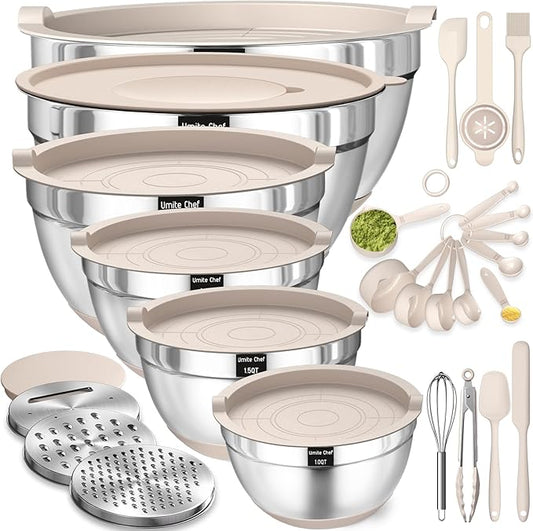 Mixing Bowls with Airtight Lids Set, 26PCS Stainless Steel Khaki Bowls with Grater Attachments, Non-Slip Bottoms & Kitchen Gadgets Set, Size 7, 4, 2.5, 2.0,1.5, 1QT, Great for Mixing & Serving by UmiteChef