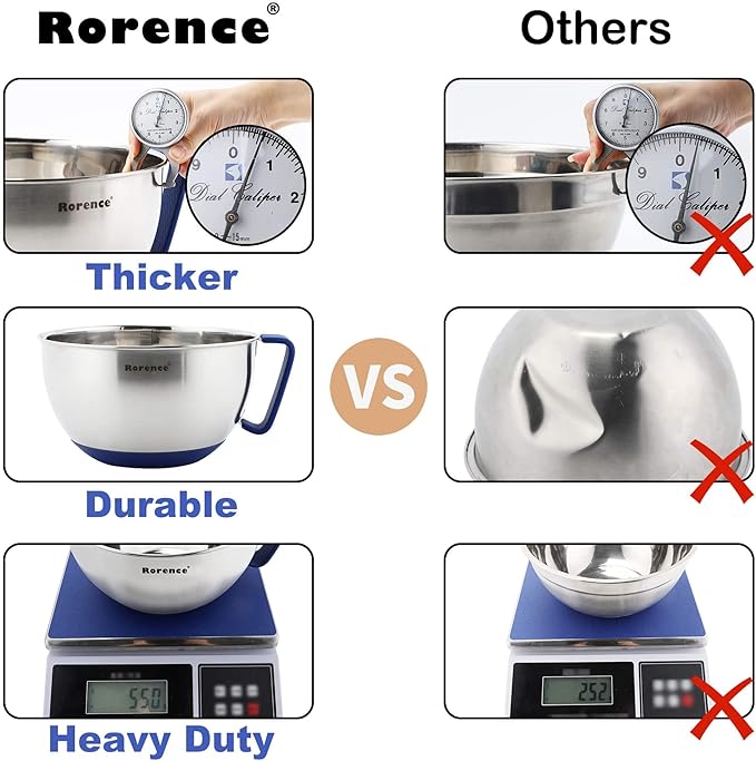 Rorence Mixing Bowls Set: Stainless Steel Non-Slip Bowls with Pour Spout, Handle and Lid - Set of 3 - Blue - Image 4