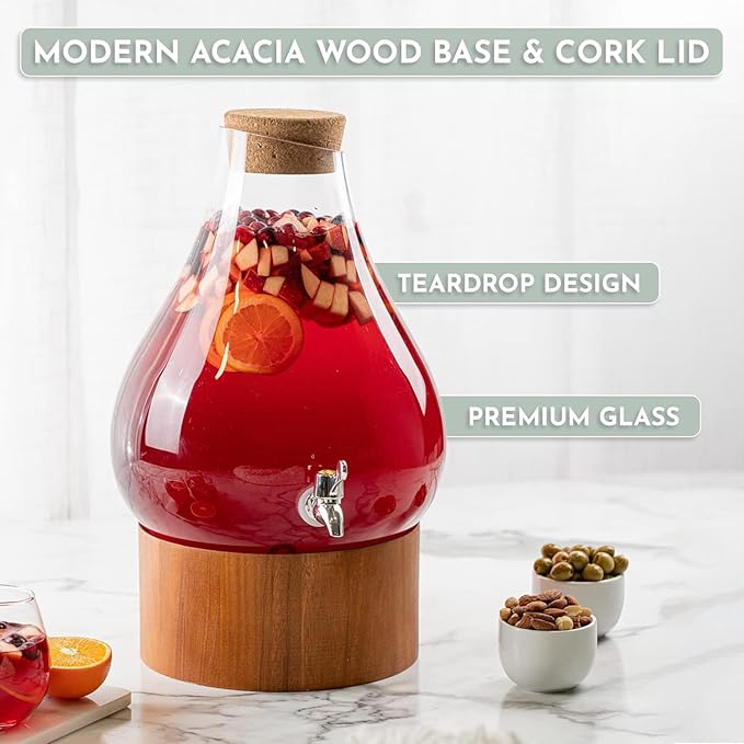 Classic Home Teardrop Clear Glass Ice Cold Beverage Drink Dispenser- 2.75 Gallon, With Cork Lid & Modern Wood Base Leak Proof Spigot- Wide Mouth Easy Filling For Outdoor, Parties & Daily Use - Image 3