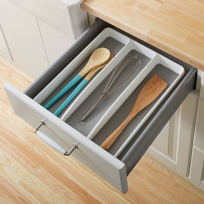 madesmart 3 Compartment Utensil Tray, Multi Purpose Storage Organizer, Non Slip Lining,Deep Storage for Ladles, Whisks & Serving Tools, for Drawers & Home Organization, White - Image 3