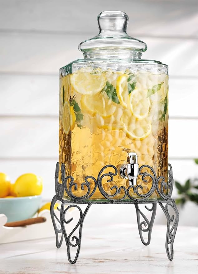 MosJos 2.5 Gallon Classic Hammered Glass Beverage Dispenser with Elegant Stand - Glass Drink Dispenser with 100% Leak Proof Spigot, Party Drink Dispensers for Lemonade, Punch, Water, Juice - Image 2