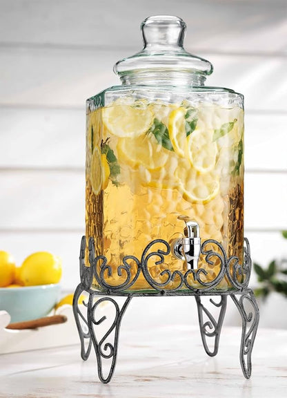 MosJos 2.5 Gallon Classic Hammered Glass Beverage Dispenser with Elegant Stand - Glass Drink Dispenser with 100% Leak Proof Spigot, Party Drink Dispensers for Lemonade, Punch, Water, Juice - Image 2