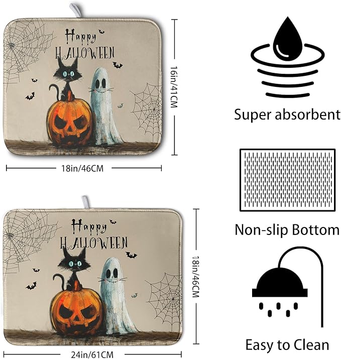 Happy Halloween Dish Drying Mat for Dishs 18x24 Inch Halloween Pumpkin Ghost Black Cat Kitchen Drying Mat Spooky Spiderweb Holiday Dish Drainer Mat Super Absorbent Dish Rack Pad for Coffee Bar Sinks - Image 2