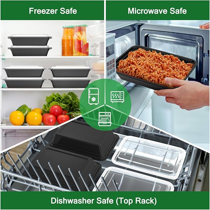 50 Pack (100-Piece) 32 oz Meal Prep Containers Reusable with Easy Open Lids, Sturdy Leakproof Food Safe, Microwave Freezer Dishwasher Safe, To Go Take Out Plastic Food Storage Pans with Lids, Black - Image 5