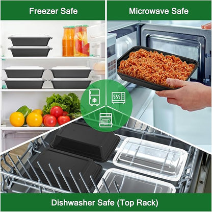 50 Pack (100-Piece) 32 oz Meal Prep Containers Reusable with Easy Open Lids, Sturdy Leakproof Food Safe, Microwave Freezer Dishwasher Safe, To Go Take Out Plastic Food Storage Pans with Lids, Black - Image 5